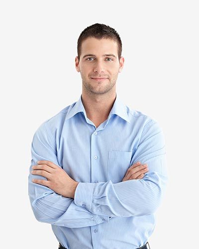 Smiling man in light blue shirt.