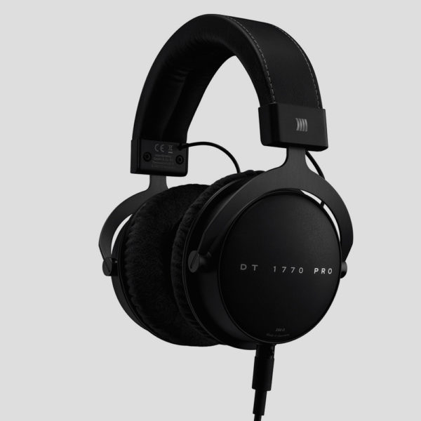 Black over-ear headphones with labeling.