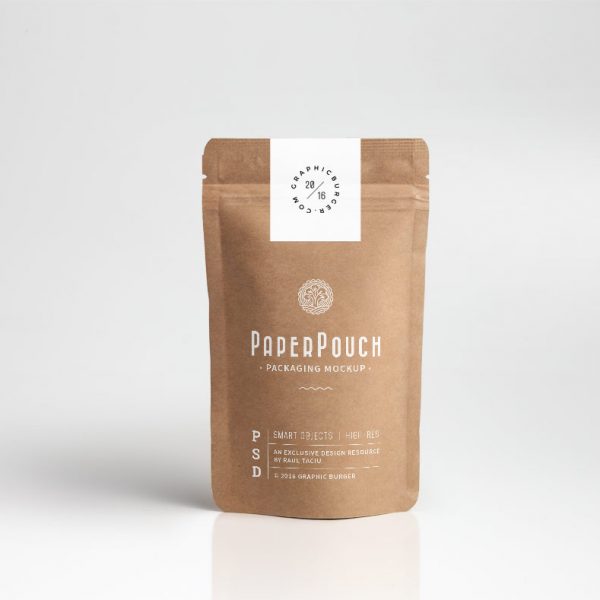 Brown paper pouch packaging mockup design.